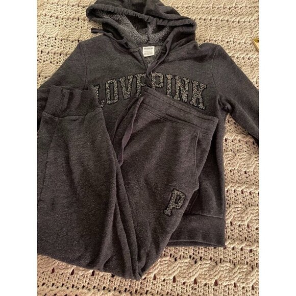 Victorias Secret PINK Love Pink‎ Charcoal Hoodie & Jogger Set XS TOP L PANTS - Picture 2 of 14
